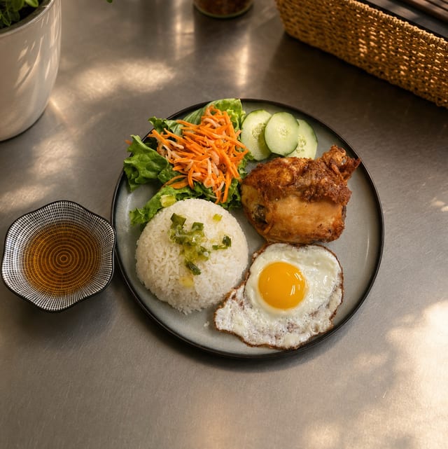 Fried Chicken With Sunny Egg Rice Plate.